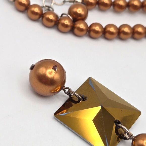 Emily Ray Bronze Tone Glass Faux Pearls Modern Square Crystal Pendant 925 Silver - Picture 5 of 6